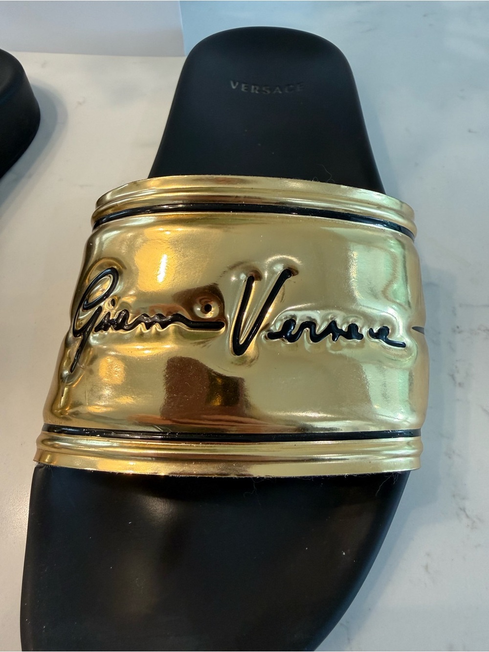 Versace Black & Gold Slide Sandals with Gianni Versace Signature - Picture 3 of 4